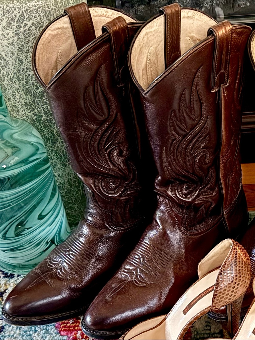 Vintage Brown Genuine Leather Embroidered Cowboy Boots Made in USA - Men’s 8.5